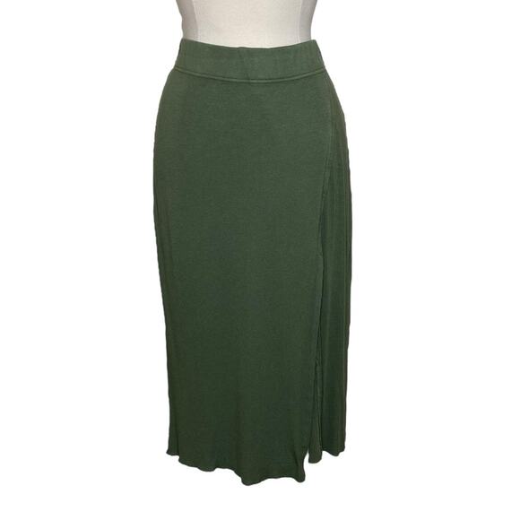 7 For All Mankind Green Ribbed Side Slit Pull On Midi Skirt Women’s Size Medium - Picture 1 of 11